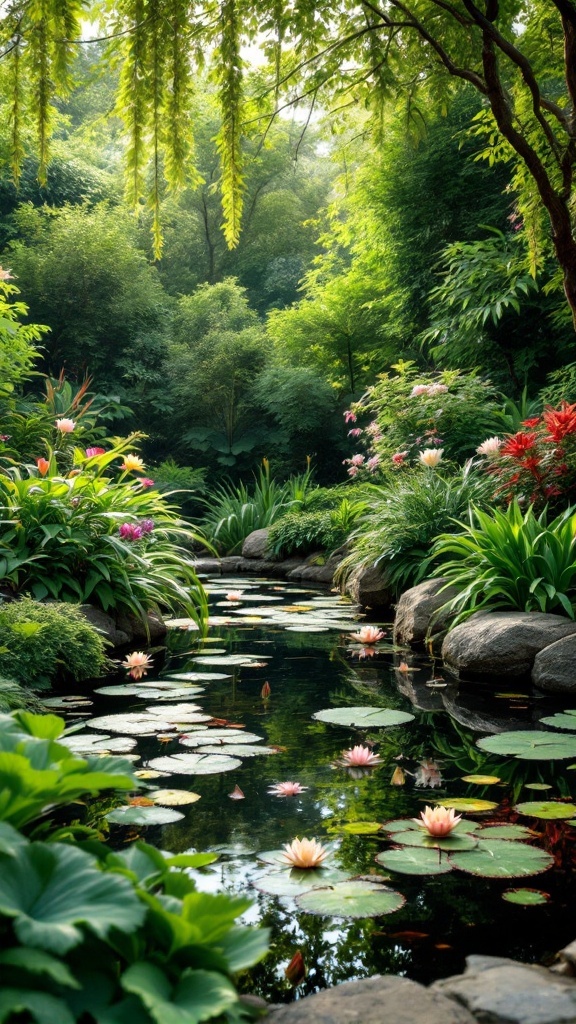 A serene garden pond with lily pads and flowers surrounded by lush greenery.