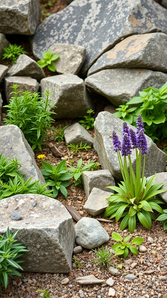 Alpine garden with colorful flowers and rocks, showcasing edible plants.