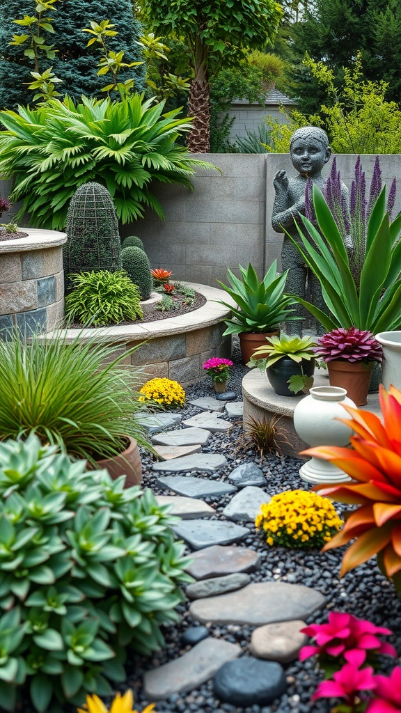 A modern backyard with a variety of colorful plants, stones, and a decorative statue.