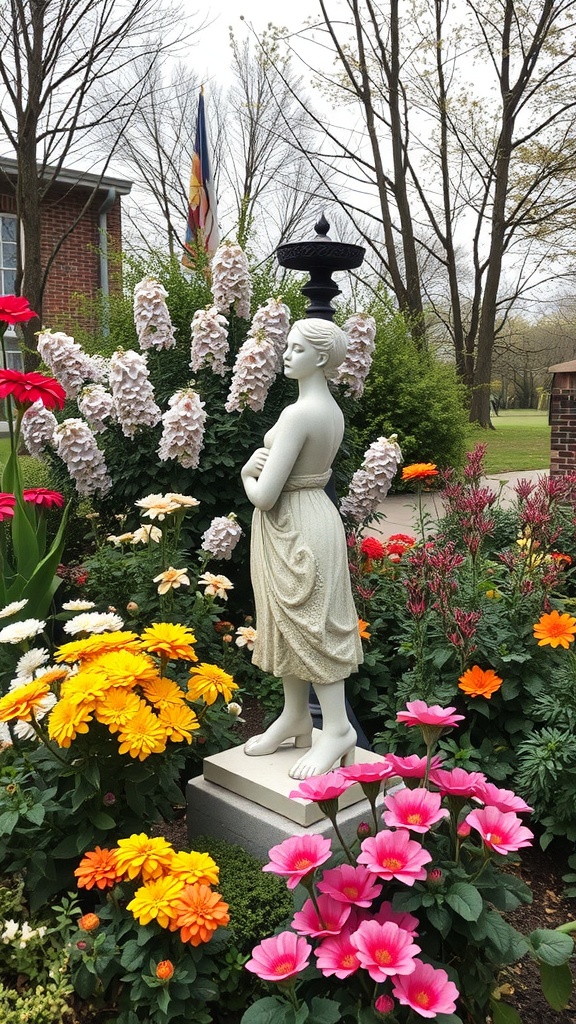 A graceful sculpture surrounded by colorful blooming flowers in a garden.