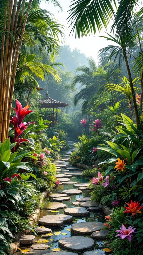 A serene garden pathway surrounded by bamboo and colorful flowers.