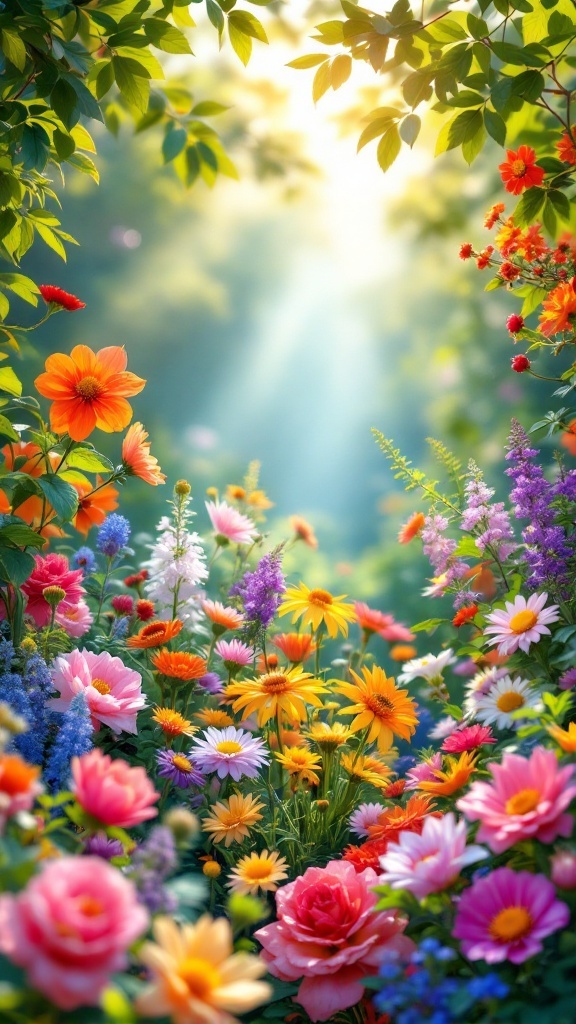 A colorful garden filled with various flowers in shades of pink, orange, yellow, and purple, illuminated by sunlight.