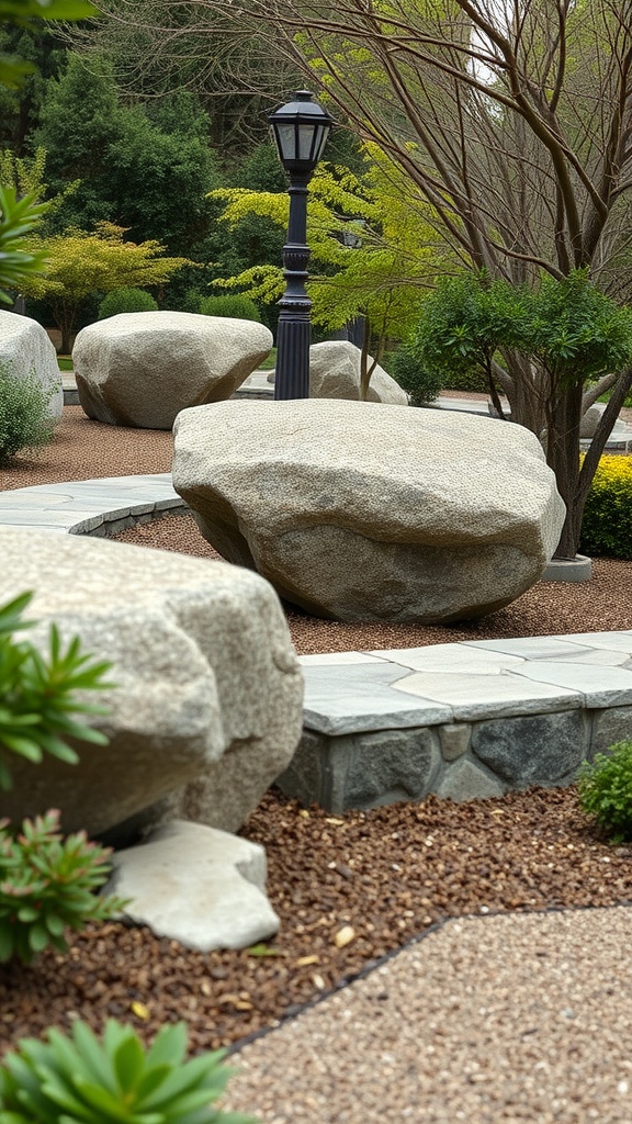 Large boulders in a landscaped garden with a lamp post and greenery.