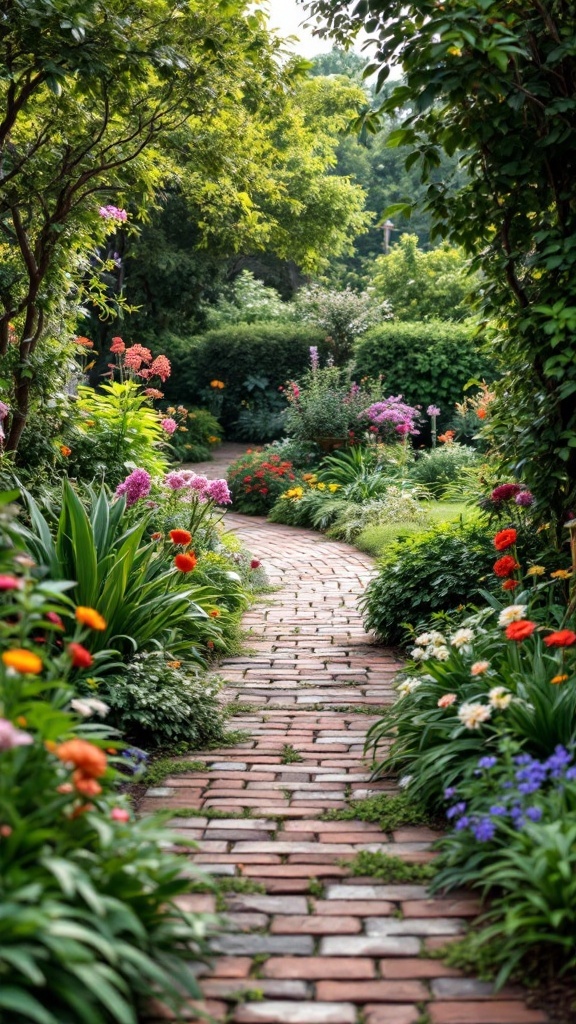 A winding brick pathway bordered by colorful flowers in a lush garden.