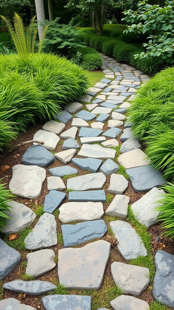 A charming garden path made of decorative stones surrounded by green grass and plants.