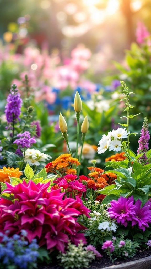 Colorful garden with a variety of flowers including pink lilies, daisies, and zinnias.