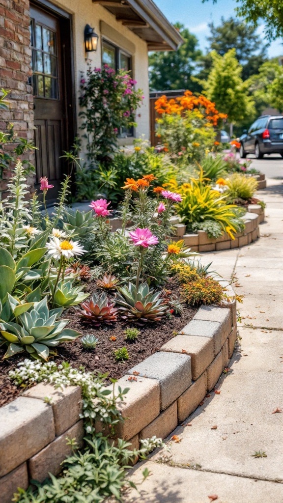 A garden with vibrant flowers bordered by cinder block edging.