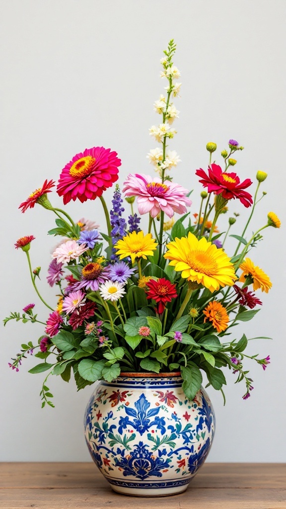 A colorful arrangement of seasonal flowers in a decorative vase.