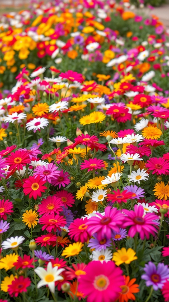 A vibrant flower bed filled with colorful flowers in various shades of pink, yellow, and white.