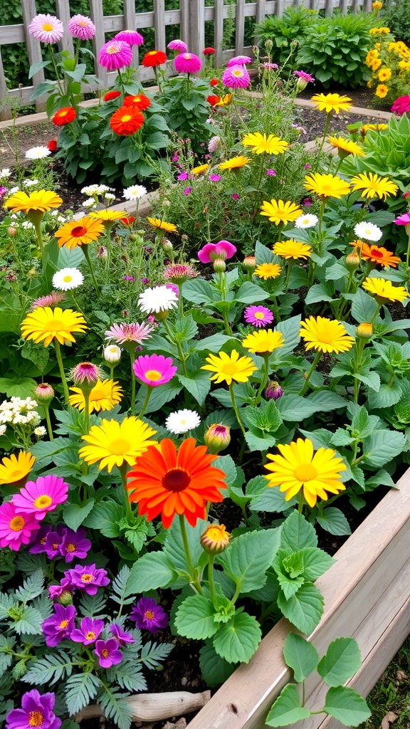A colorful raised bed garden filled with various flowering plants.