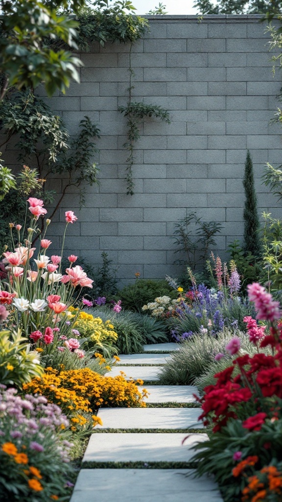 A garden pathway lined with colorful flowers and bordered by concrete block edging.