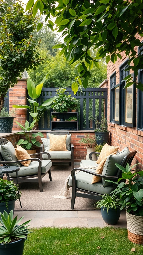 Cozy garden seating area with comfortable chairs and lush greenery.