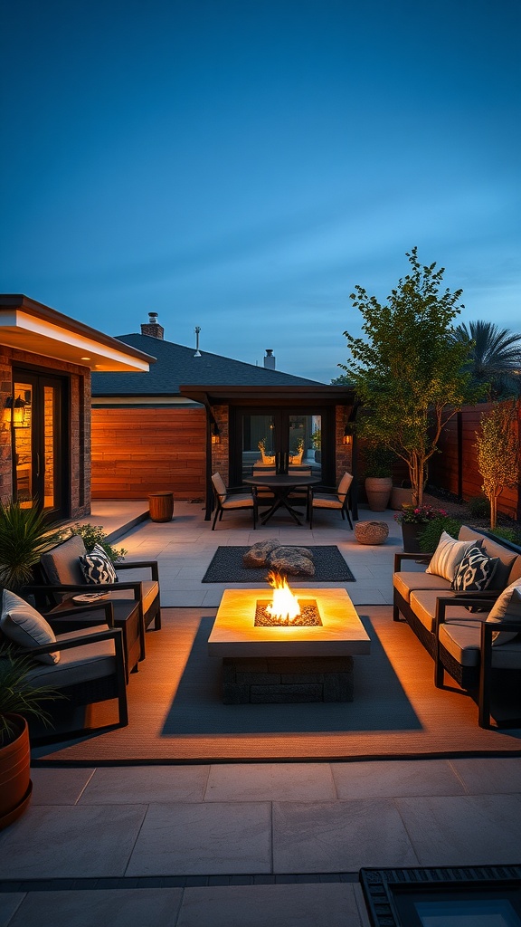 Cozy modern backyard with a fire pit and comfortable seating.