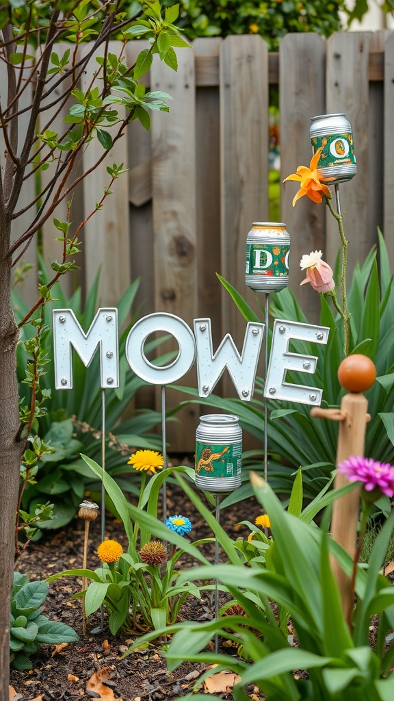 Colorful upcycled garden decor spelling 'MOWE' with metal letters and decorated cans.
