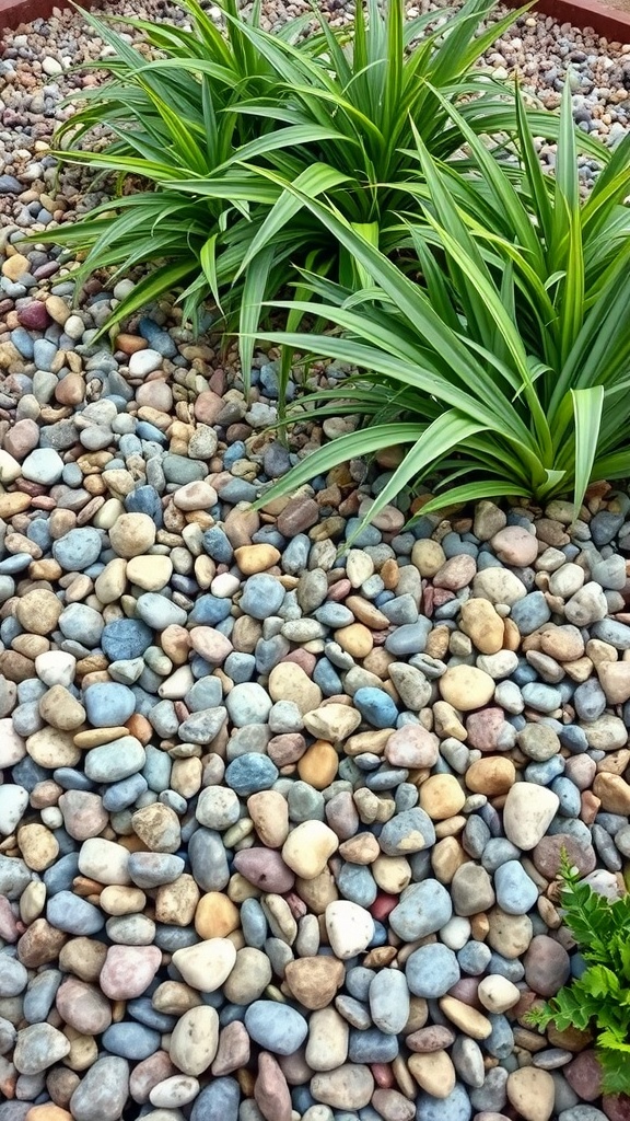 Image showing a garden with colorful pebbles used as mulch around green plants.