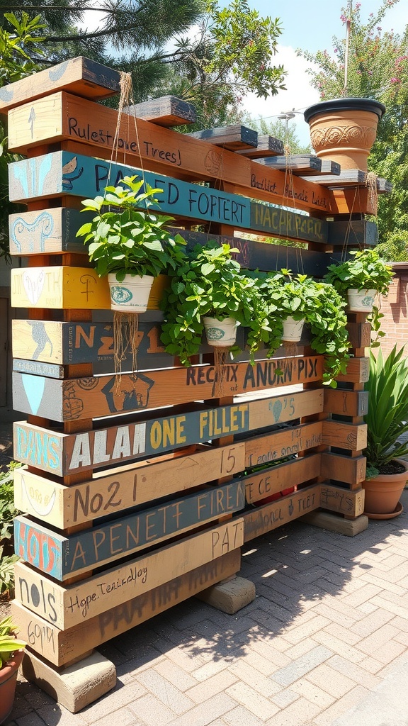 A colorful and decorated pallet in a garden, surrounded by greenery and flowers.