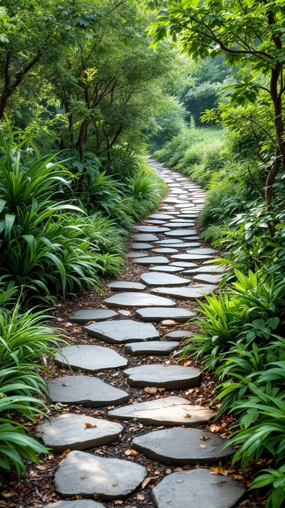 A winding stone pathway surrounded by lush greenery in a garden.