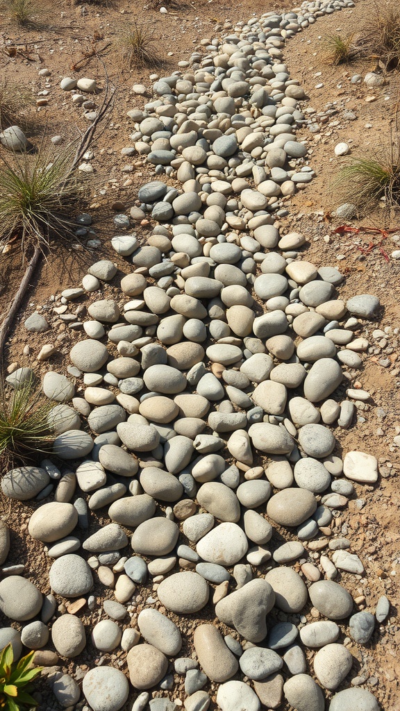 A dry riverbed made from smooth stones winding through a garden.