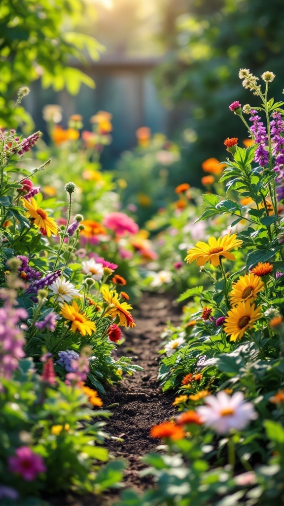 A vibrant organic garden filled with colorful flowers lining a path under soft sunlight.