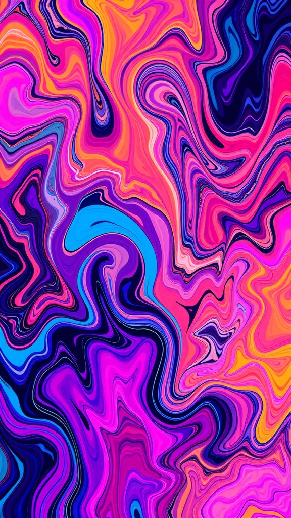 Fondo de pantalla abstracto con tonos vibrantes de rosa, azul y naranja, con formas fluidas y dinámicas.