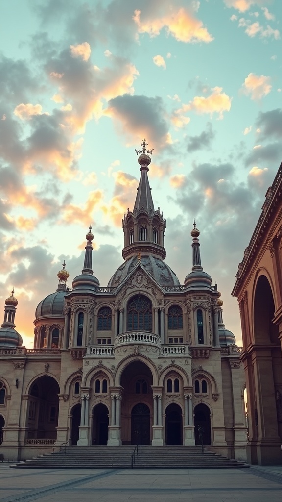 Imagen de un edificio arquitectónico con detalles elaborados y un cielo colorido al atardecer.