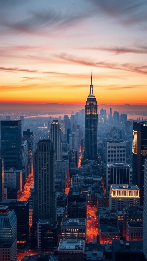 Fondo de pantalla de una ciudad al atardecer con un rascacielos destacado