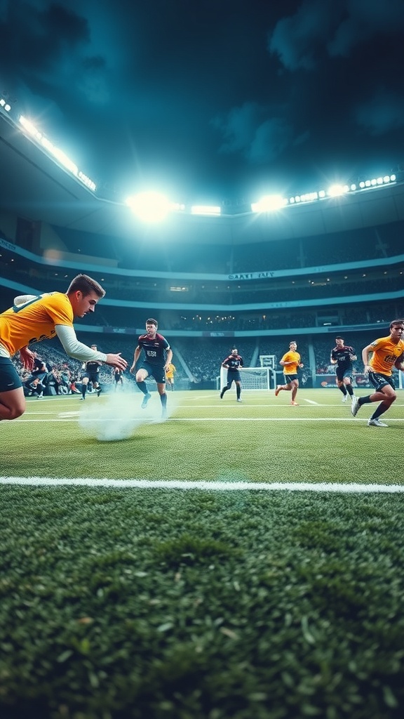 Jugadores de fútbol en un emocionante partido en un estadio iluminado