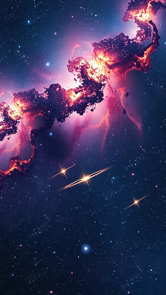 Imagen de una nebulosa en el espacio con colores vibrantes como púrpura y naranja.