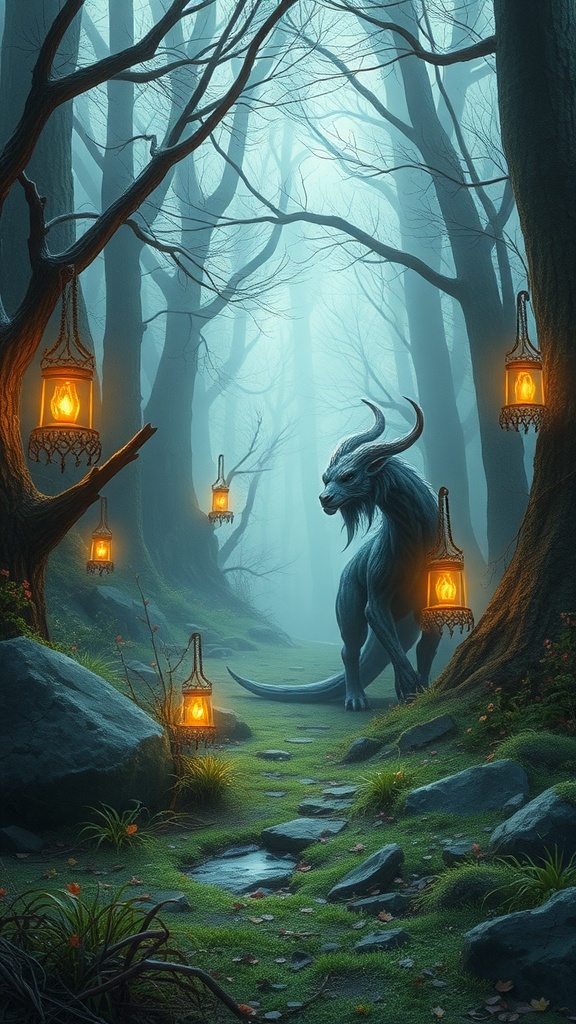 Un bosque misterioso iluminado por faroles, con una criatura mística en el camino.