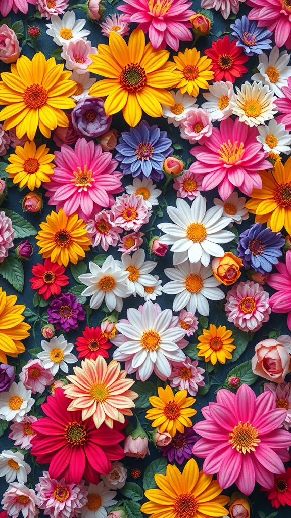 Fondo de pantalla colorido con diversas flores como margaritas, rosas y girasoles.