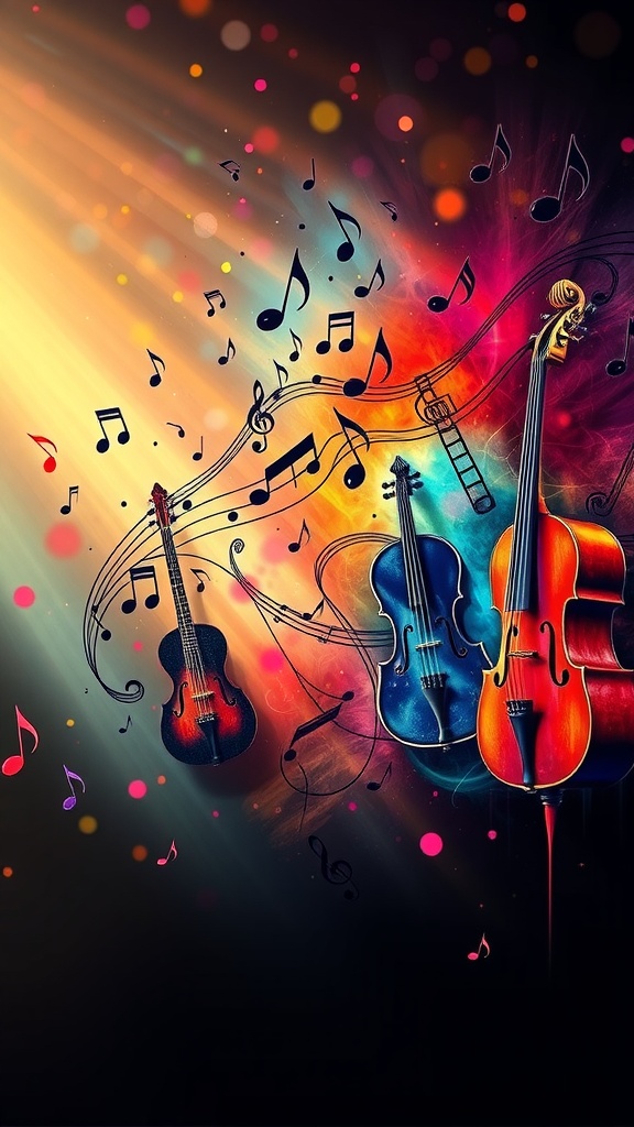 Fondo de pantalla colorido con instrumentos musicales y notas flotantes.