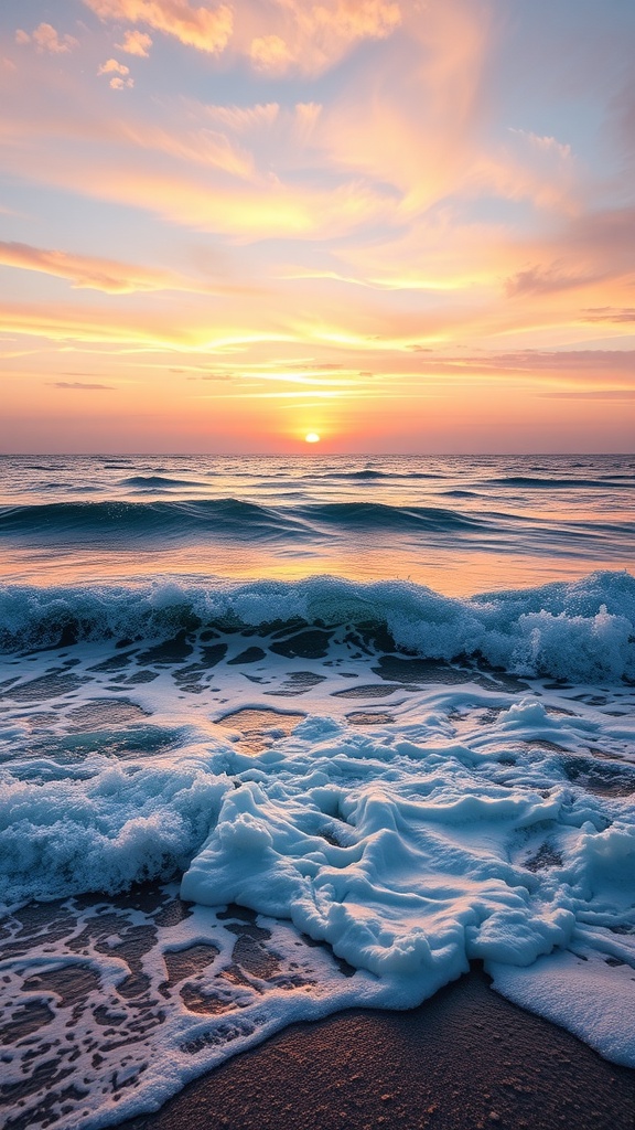 Fondo de pantalla de mar con un atardecer y olas rompiendo en la arena.