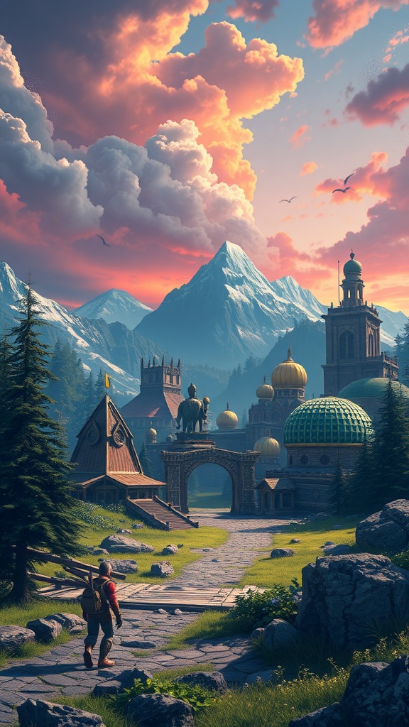 Un personaje caminando por un sendero en un paisaje de videojuegos con montañas y arquitectura única