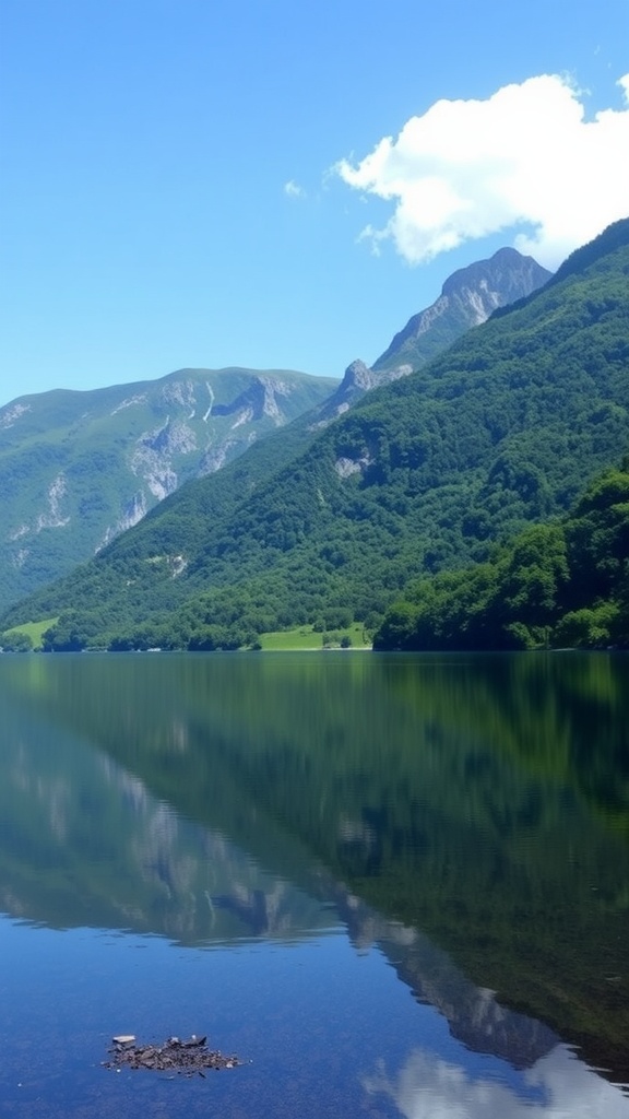 Lago rodeado de montañas verdes bajo un cielo azul claro con algunas nubes blancas.