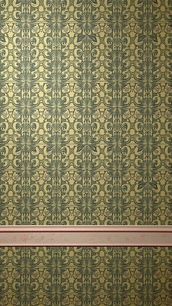 Patrón vintage en tonos amarillos y verdes que evoca papeles pintados clásicos.