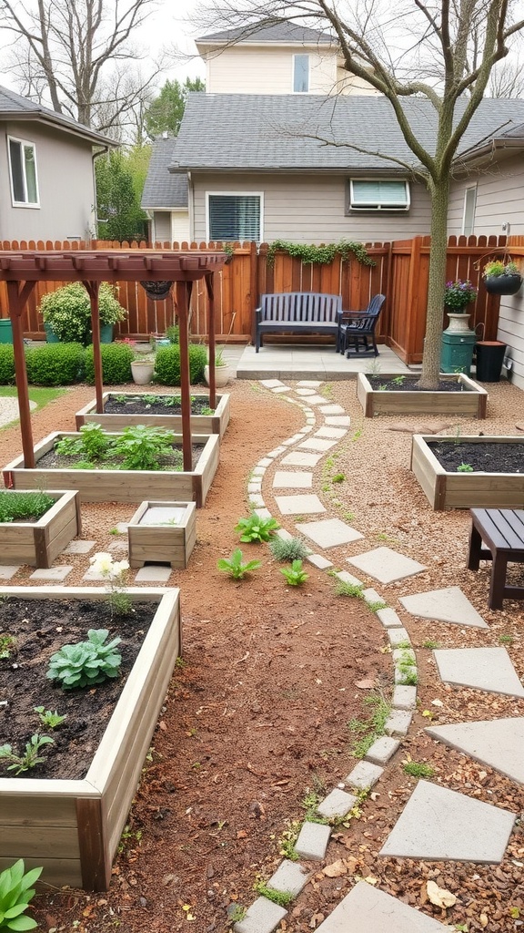A modern backyard with raised garden beds, a winding stone pathway, and a seating area.