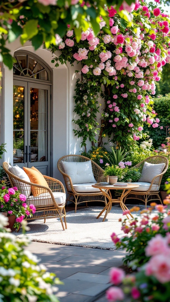 Cozy outdoor seating area with wicker furniture and blooming flowers