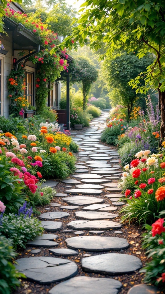 A stone pathway winding through a vibrant flower garden with lush greenery.
