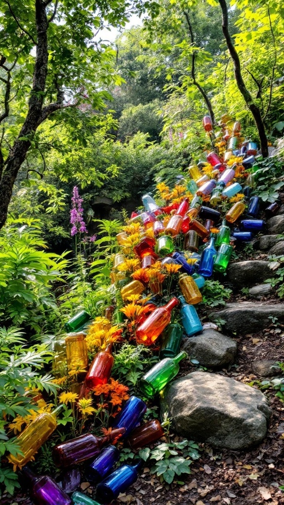 Colorful glass bottles used as garden edging with flowers and greenery