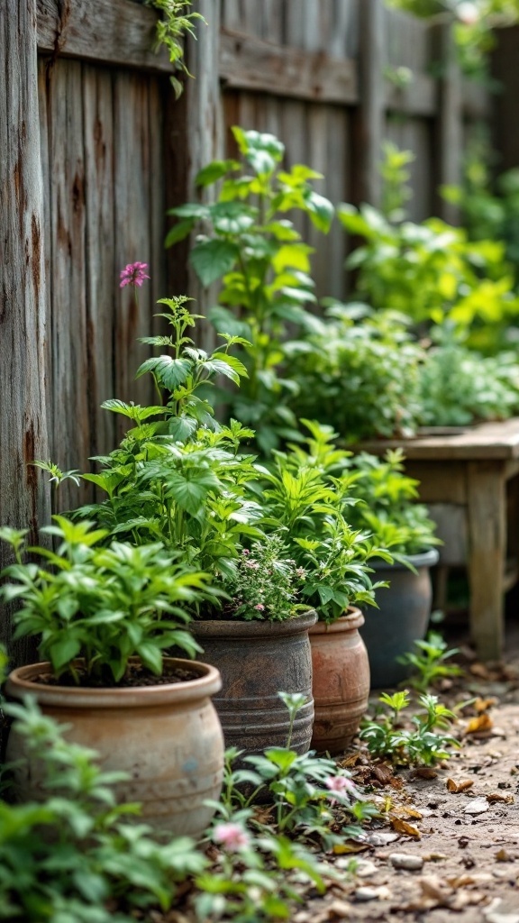 A rustic herb garden with various plants in pots along a wooden fence.