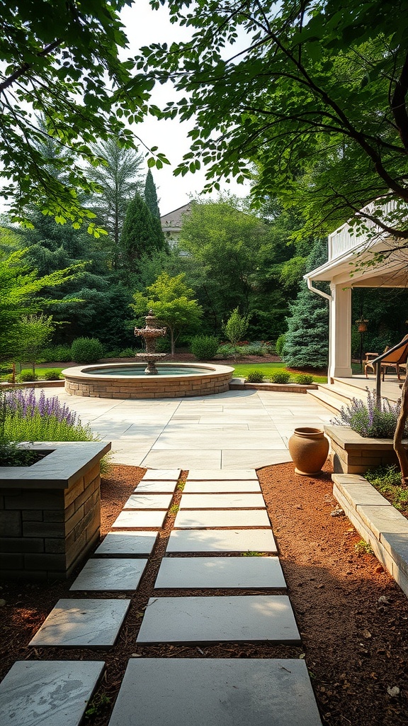 A well-designed backyard featuring a stone pathway, fountain, and surrounding greenery.