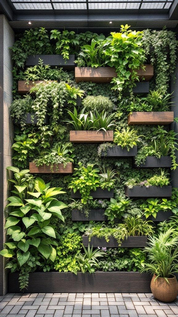 A lush vertical garden featuring various green plants arranged in tiered wooden and black planters.
