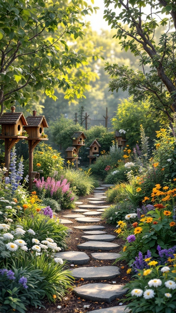 A scenic garden path lined with colorful flowers, leading to charming birdhouses.