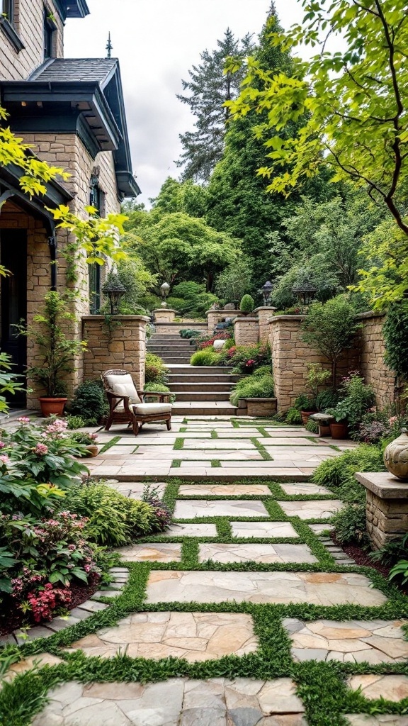A beautiful garden path made of stone with green grass in between, surrounded by lush plants and a seating area.