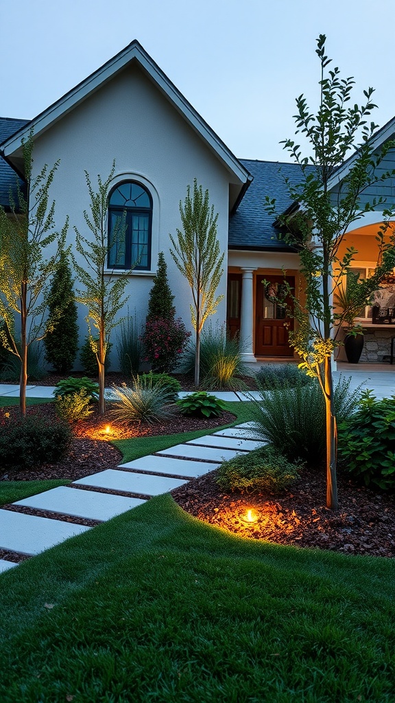 Modern backyard with smart lighting and landscaped pathways