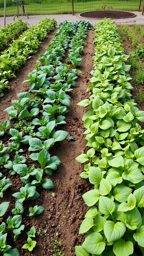 A raised bed garden featuring rows of leafy greens, demonstrating an intercropping strategy.