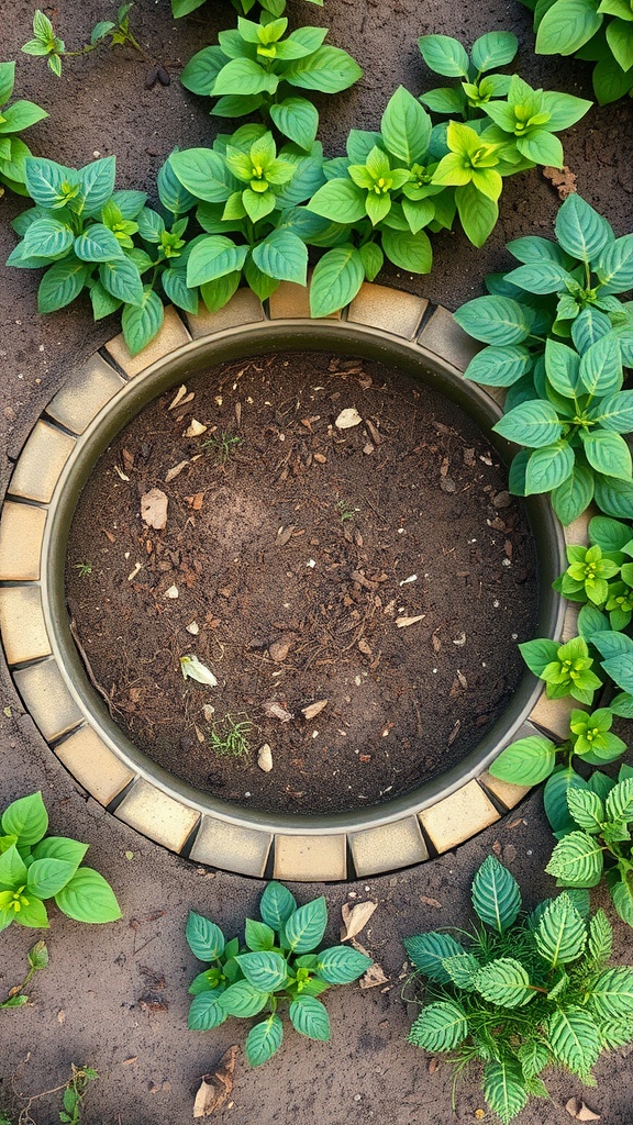 A top view of a keyhole garden with lush green plants surrounding a central compost area.