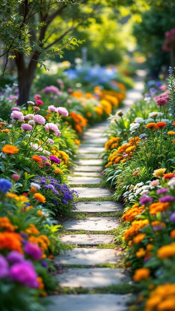 A picturesque garden path surrounded by colorful flowers, showcasing living plant edging.