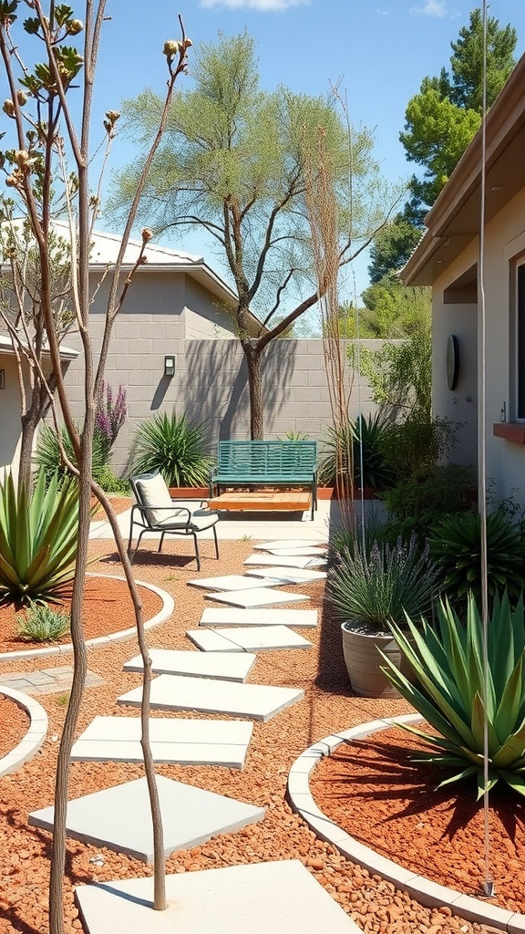 A modern low-maintenance backyard with stepping stones, gravel, and minimal plants.