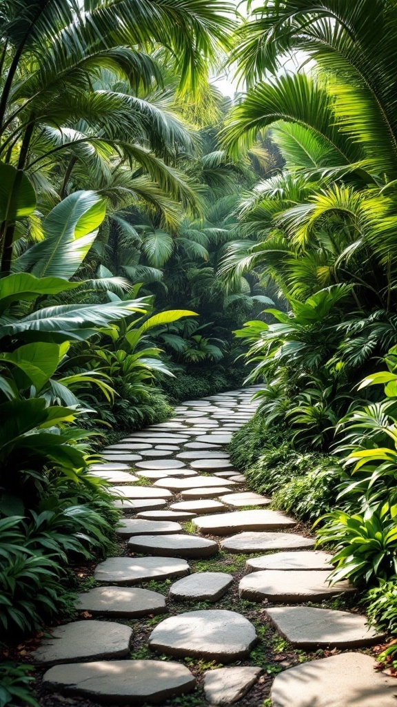 A stone pathway surrounded by lush green foliage and tropical plants.